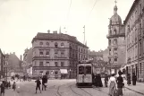 Postkarte: München Straßenbahnlinie 12 mit Triebwagen 305 in der Kreuzung Milchstraße / Steinstraße / Sedanstraße (1910)