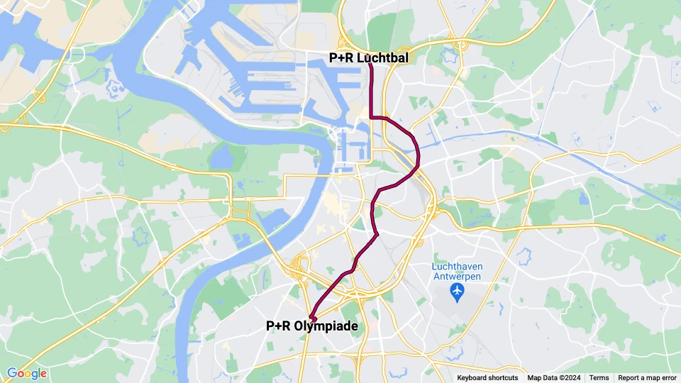 Antwerpen Straßenbahnlinie 6: P+R Olympiade - P+R Luchtbal Linienkarte