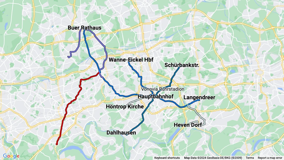 Bochum-Gelsenkirchener Straßenbahnen (BOGESTRA) Linienkarte