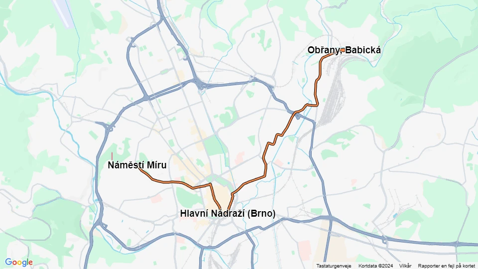 Brünn Straßenbahnlinie 4: Náměstí Míru - Obřany, Babická Linienkarte