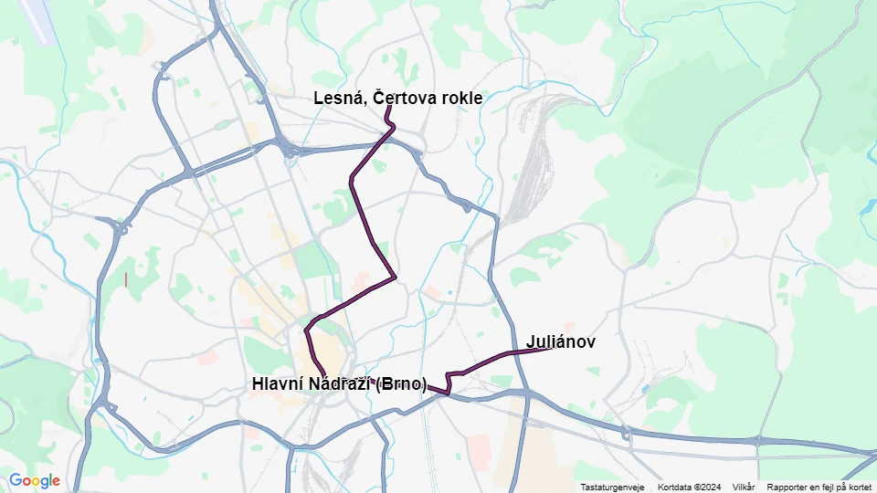 Brünn Straßenbahnlinie 9: Lesná, Čertova rokle - Juliánov Linienkarte