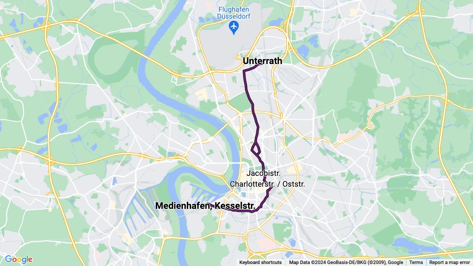 Düsseldorf Straßenbahnlinie 707: Unterrath - Medienhafen, Kesselstr. Linienkarte