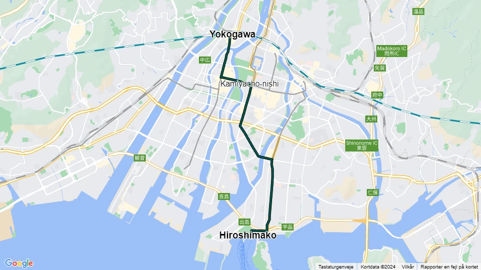 Hiroshima Straßenbahnlinie 7: Hiroshimako - Yokogawa Linienkarte