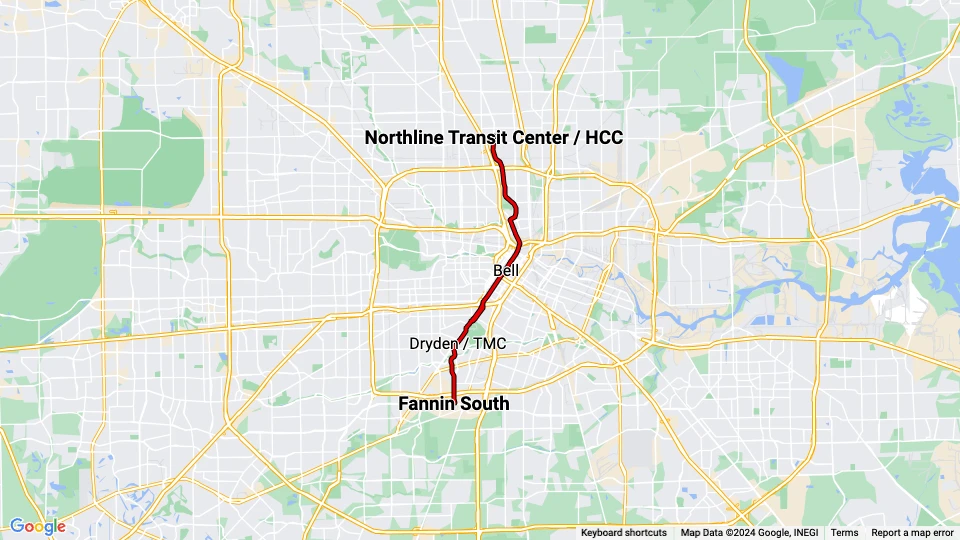 Houston Straßenbahnlinie Rot: Northline Transit Center / HCC - Fannin South Linienkarte