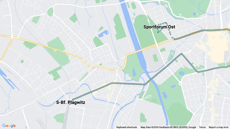 Leipzig Straßenbahnlinie 34: S-Bf. Plagwitz - Sportforum Ost Linienkarte