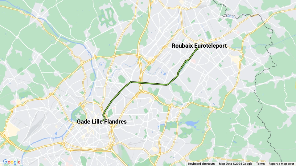 Lille Straßenbahnlinie R: Gade Lille Flandres - Roubaix Euroteleport Linienkarte