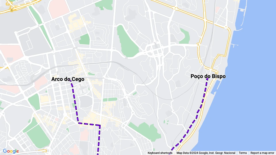 Lissabon Straßenbahnlinie 3: Arco do Cego - Poço do Bispo Linienkarte