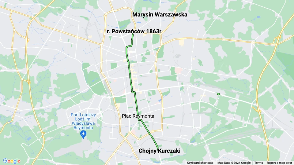 Łódź Straßenbahnlinie 3: Chojny Kurczaki - r. Powstańców 1863r Linienkarte