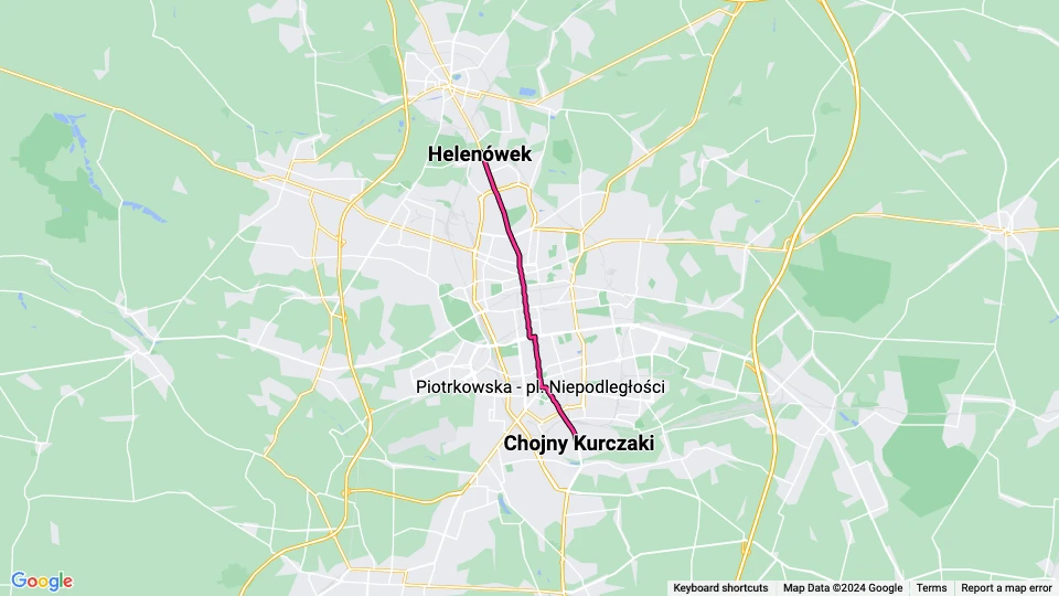 Łódź Zusätzliche Linie 16A: Chojny Kurczaki - Helenówek Linienkarte