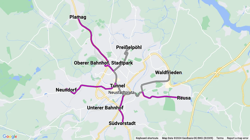 Plauener Straßenbahn (PSB) Linienkarte