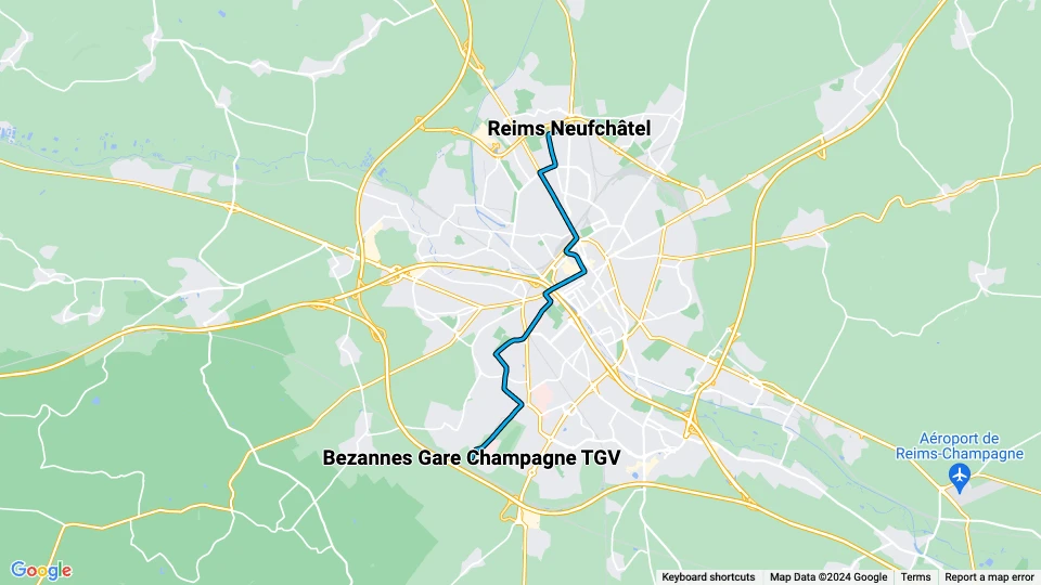 Reims Straßenbahnlinie B: Reims Neufchâtel - Bezannes Gare Champagne TGV Linienkarte