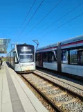 Aarhus Stadtbahn Linie L2 mit Niederflurgelenkwagen 1102-1202 am Gl. Skejby (2022)