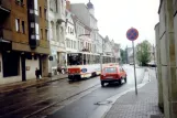 Cottbus Straßenbahnlinie 2 mit Gelenkwagen 55 auf Altmarkt (1993)