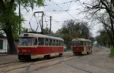 Dnipro Straßenbahnlinie 5 mit Triebwagen 1253 draußen Zaliznychnyi vokzal (2011)