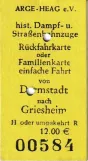 Erwachsene Hin/Rückfahrkarte für Arbeitsgemeinschaft Historische HEAG-Fahrzeuge (ARGE HEAG), die Vorderseite (2024)