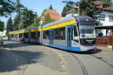 Leipzig Straßenbahnlinie 11 mit Niederflurgelenkwagen 1201 "Saxonia" am Markkleeberg-Ost  Schillerplatz (2015)