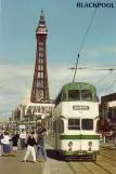Postkarte: Blackpool Straßenbahnlinie T mit Doppelstocktriebwagen 717 auf Promenade (1974)