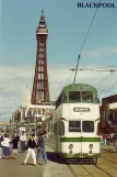 Postkarte: Blackpool Straßenbahnlinie T1 mit Doppelstocktriebwagen 717 nahe bei North Pier (1974)