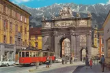 Postkarte: Innsbruck Straßenbahnlinie 3 mit Triebwagen 26 nahe bei Triunphpforte (1958)