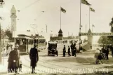 Postkarte: Malmö Veranstaltungslinie X2 mit Beiwagen 139 der Eingang zu Baltiska Utställningen (1914)