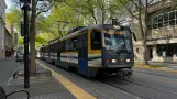 Sacramento Straßenbahnlinie Blau mit Gelenkwagen 218 nahe bei Cathedral Square Station (2024)