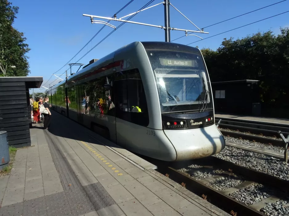 Aarhus Stadtbahn Linie L1 mit Niederflurgelenkwagen 2103-2203 am Torsøvej (2023)