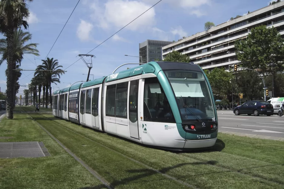 Barcelona Straßenbahnlinie T1 mit Niederflurgelenkwagen 16 auf Maria Cristina Avinguda Diagonal (2012)