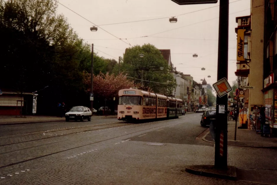 Bremen Straßenbahnlinie 1 mit Gelenkwagen 557 auf Buntentersteinweg (1989)