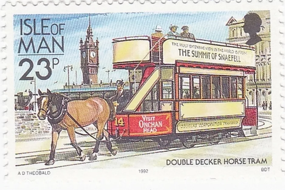 Briefmarke: Douglas, Isle of Man Horse Drawn Trams mit Offen Doppelstockpferdebahnwagen 14 (1992)