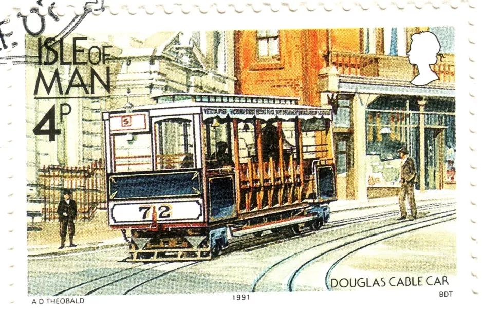 Briefmarke: Douglas, Isle of Man Standseilbahn mit Kabelstraßenbahn 72 (1991)