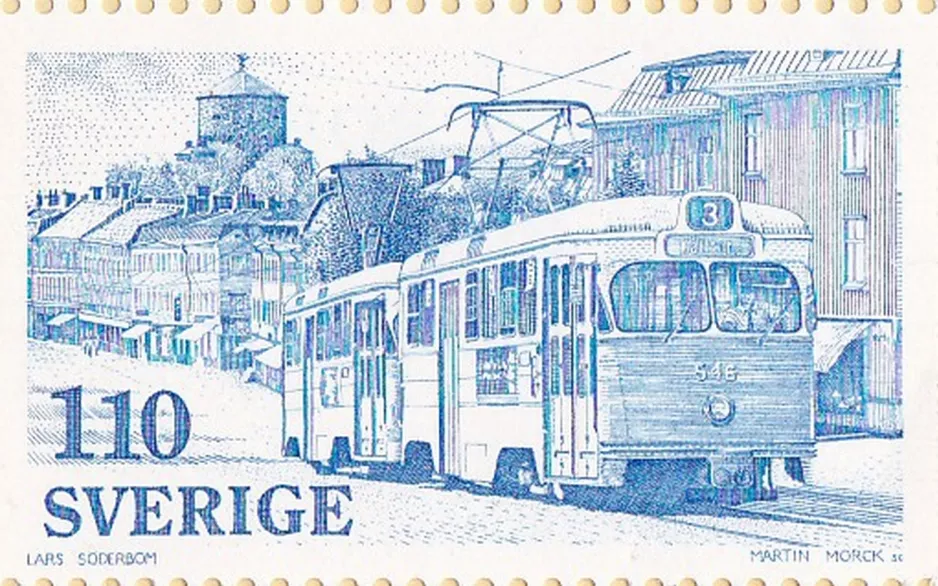 Briefmarke: Göteborg Straßenbahnlinie 3 mit Triebwagen 546 auf Redbergsvägen (1977)