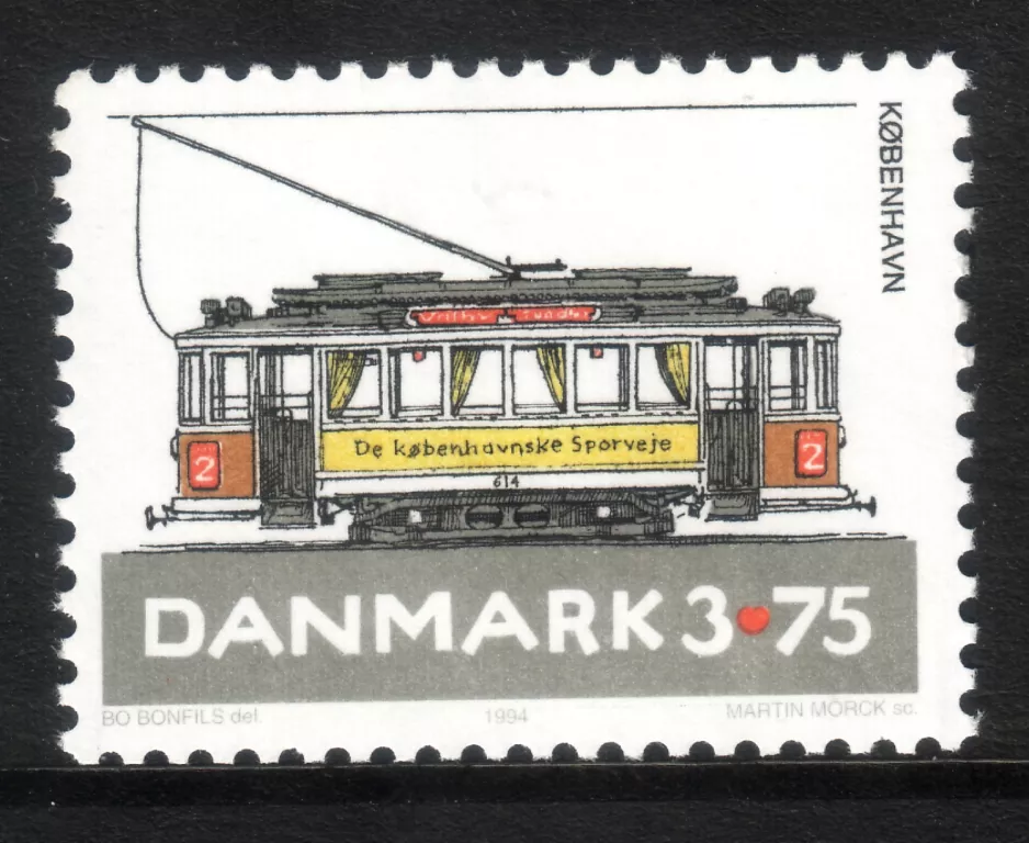 Briefmarke: Kopenhagen Straßenbahnlinie 2 mit Triebwagen 614 (1994)