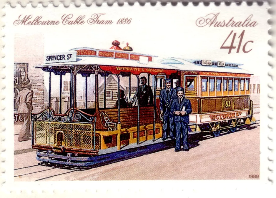 Briefmarke: Melbourne Standseilbahn Victoria Bridge Line mit Kabelstraßenbahn 81 (1989)