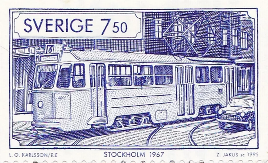 Briefmarke: Stockholm Straßenbahnlinie 6 mit Triebwagen 427 auf Bondegatan (1995)