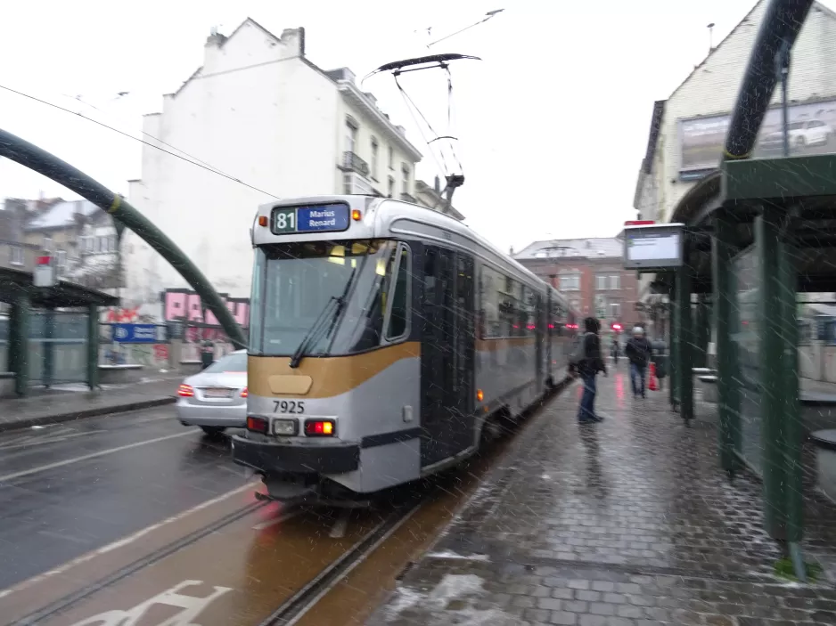 Brüssel Straßenbahnlinie 81 mit Gelenkwagen 7925 am Mouterij/Germoir (2019)