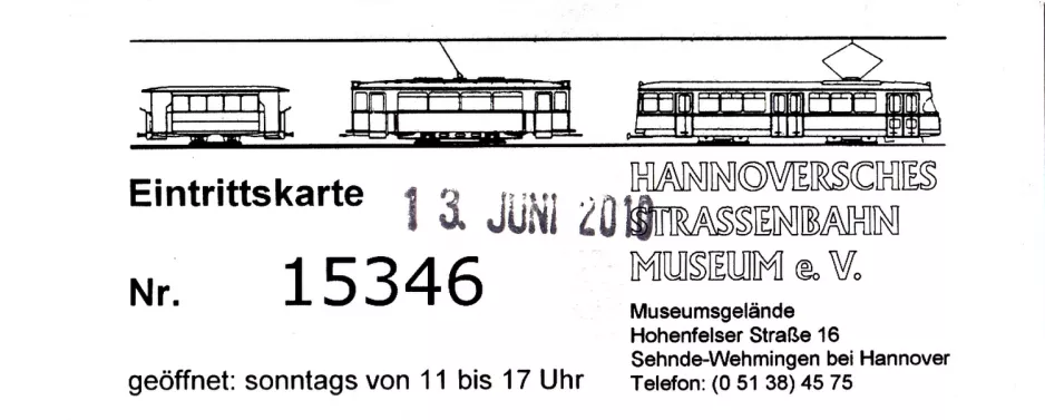 Eintrittskarte für Hannoversches Straßenbahn-Museum (HSM) (2010)