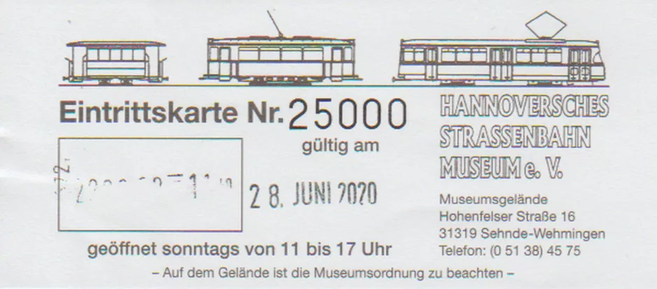Eintrittskarte für Hannoversches Straßenbahn-Museum (HSM) (2020)