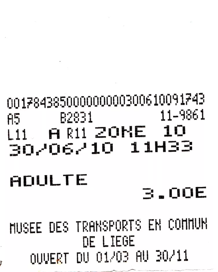 Eintrittskarte für Musée des transports en commun du Pays de Liège (2010)