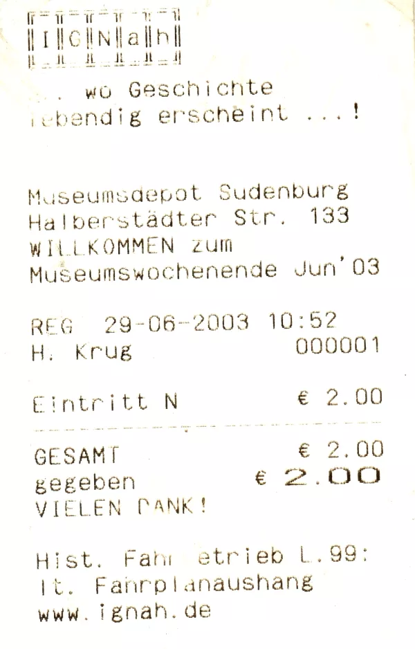 Eintrittskarte für Museumsdepot Sudenburg (2003)