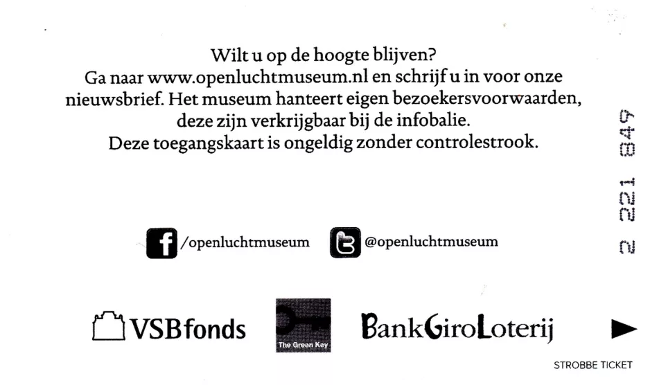 Eintrittskarte für Nederlands Openluchtmuseum, die Rückseite (2014)