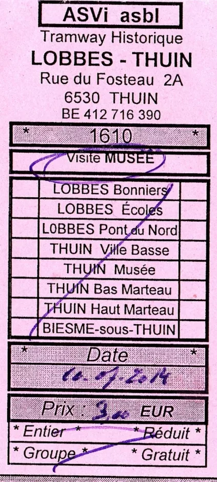 Eintrittskarte für Tramway Historique Lobbes-Thuin (2014)