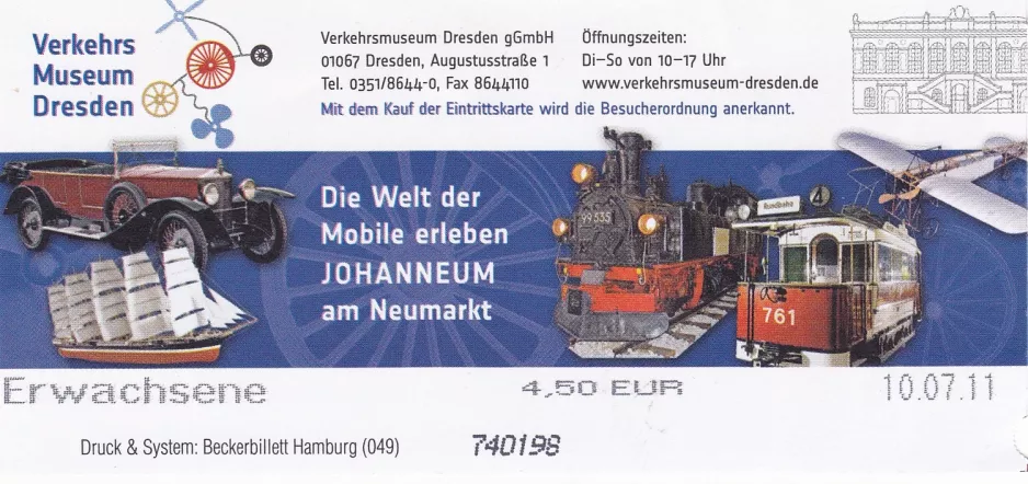 Eintrittskarte für Verkehrsmuseum Dresden (VMD), die Vorderseite (2011)