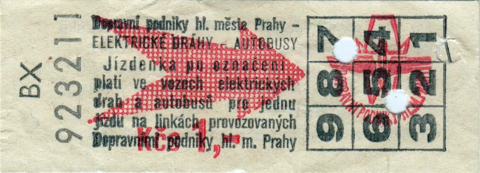 Einzelfahrschein für Dopravní podnik hlavního města Prahy (DPP), die Vorderseite (1978)