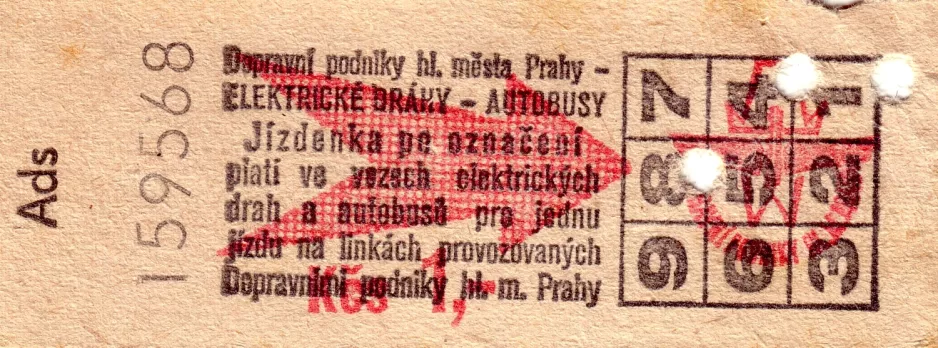 Einzelfahrschein für Dopravní podnik hlavního města Prahy (DPP), die Vorderseite (1983)