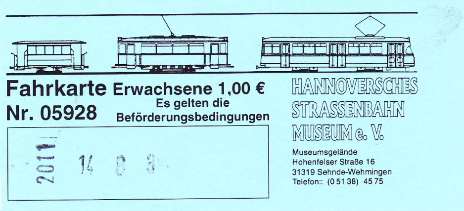 Einzelfahrschein für Hannoversches Straßenbahn-Museum (HSM) (2014)