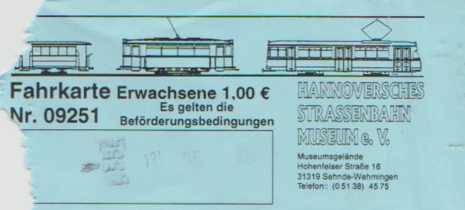 Einzelfahrschein für Hannoversches Straßenbahn-Museum (HSM) (2016)