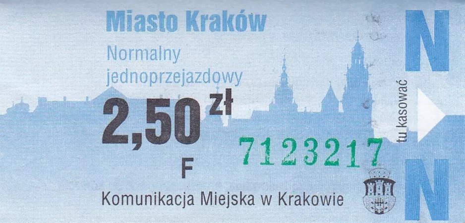 Einzelfahrschein für Miejskie Przedsiębiorstwo Komunikacyjne w Krakowie (MPK Kraków), die Vorderseite (2011)