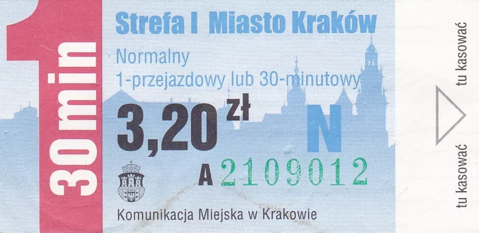 Einzelfahrschein für Miejskie Przedsiębiorstwo Komunikacyjne w Krakowie (MPK Kraków), die Vorderseite (2012)