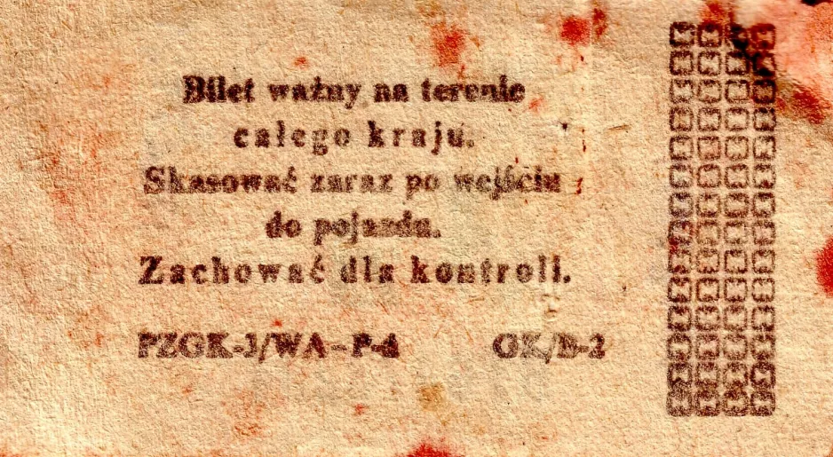 Einzelfahrschein für Miejskie Przedsiębiorstwo Komunikacyjne we Wrocławiu (MPK Wrocław), die Rückseite (1984)
