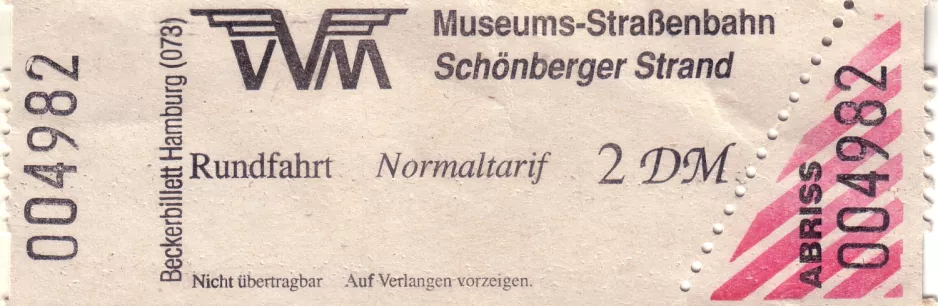 Einzelfahrschein für Museumsbahnen Schönberger Strand (1997)